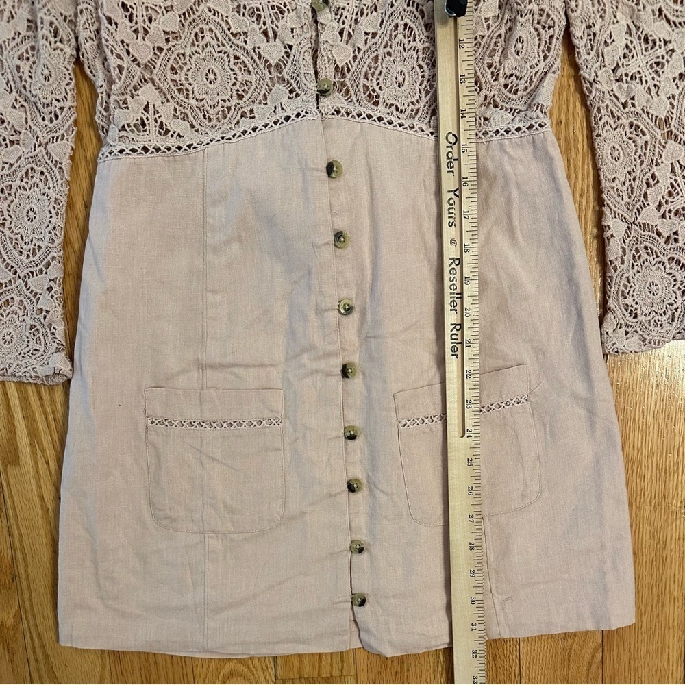 Free People Shrimpton Crochet Lace Mini Dress Pink Sz S bell sleeves boho hippie - Picture 7 of 10